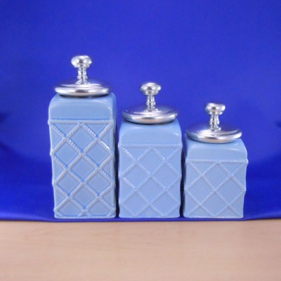 60002BLUE-PKNOB-SIL CERAMIC CANISTER SET ROPE BLUE W/ PLAIN KNOB SILVER LIDS